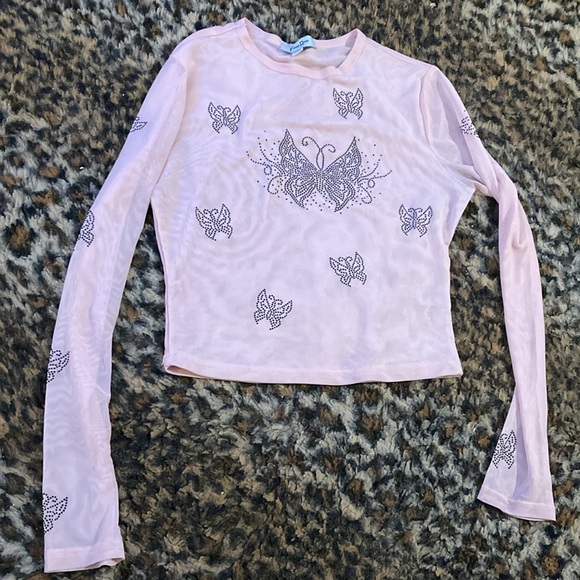 Dolls Kill Pink Butterfly Mesh Long Sleeve Crop Top - Picture 2 of 7